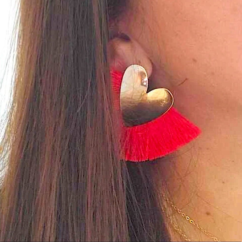NWT Boutique Golden Fringed Hearts | Red Fringe Tassel Dramatic Bold Statement
